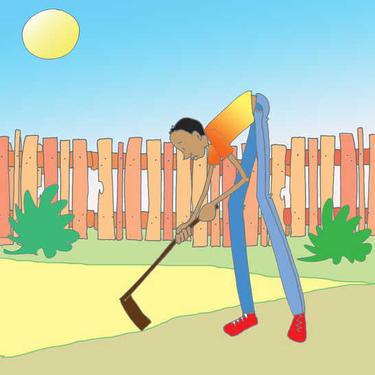 A very tall man holding a hoe too small for him.