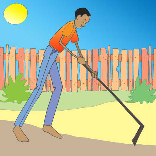 A very tall man holding a hoe.