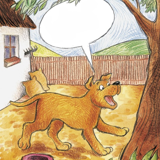 A dog barking in a farmyard.