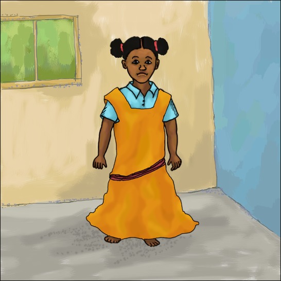 A girl wearing a dress which is too long.