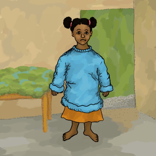 A girl wearing a jersey which is too big.