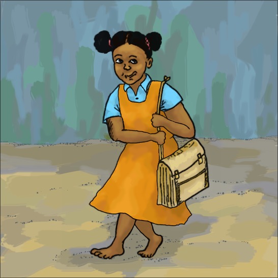 A girl carrying a large bag on her shoulder.