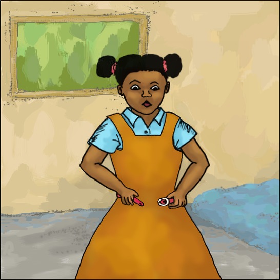 A girl trying to do her belt up but it is too small.