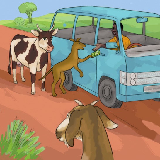 A dog paying a taxi driver.