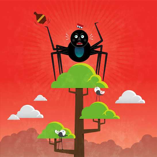 A spider at the top of a tree throwing a clay pot down.
