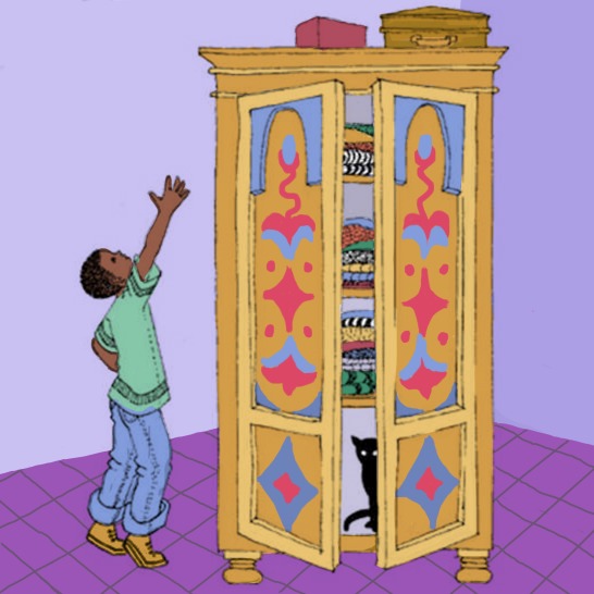 A boy looking on top of a cupboard and a cat hiding inside the cupboard.