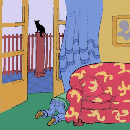 A boy looking behind a couch and a cat sitting on a fence outside.