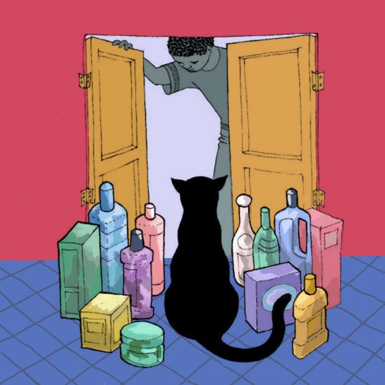 A boy opening cupboard doors and a cat sitting amongst cleaning products.