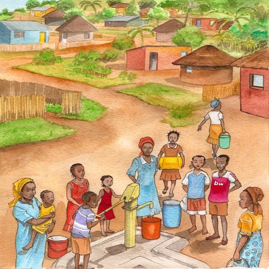 A crowd of people standing around a water tap.