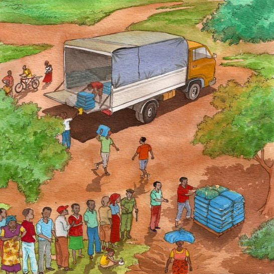 A line of people waiting for food donations.