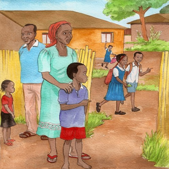 A man and woman standing next to a boy outside a school.