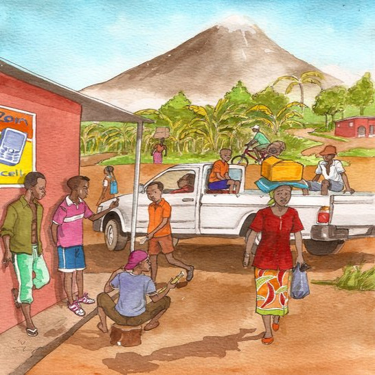 Boys roaming around a village and a woman carrying shopping on her head.