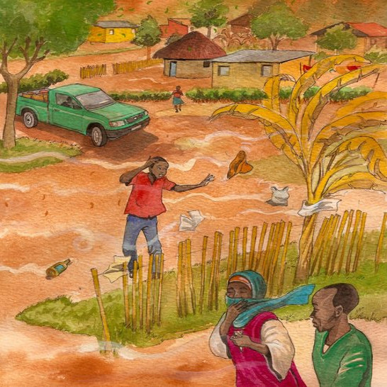 Gusts of wind blowing waste paper onto trees.