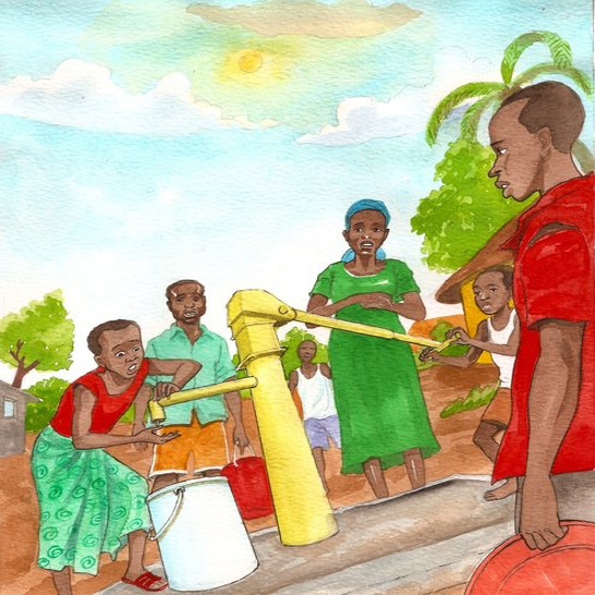 People standing around a water tap.