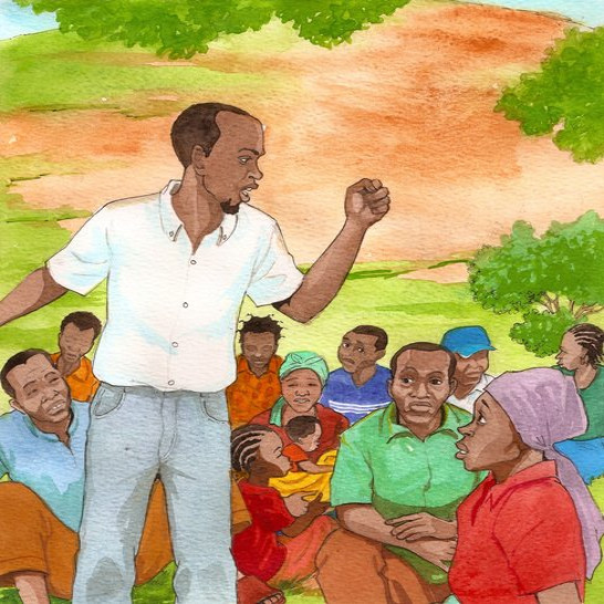 A man speaking to a crowd of people sitting under a tree.