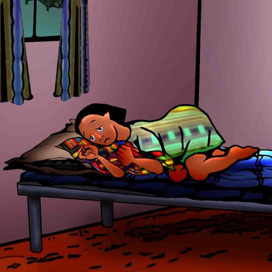 A sad-looking girl in bed cuddling up to a blanket.