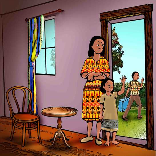 A sad-looking girl and woman waving to a man leaving home.