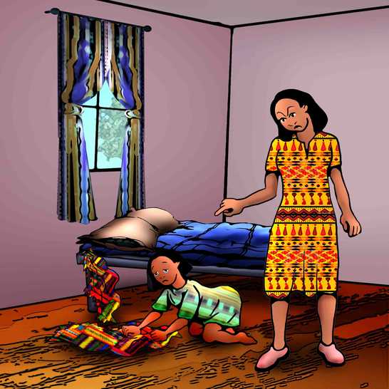 A woman pointing at a girl kneeling on the floor holding a blanket.