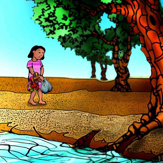 A sad-looking girl walking carrying a bag.