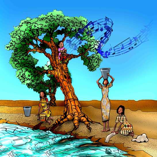 A girl sitting in a tree singing and a woman and a girl nearby listening.