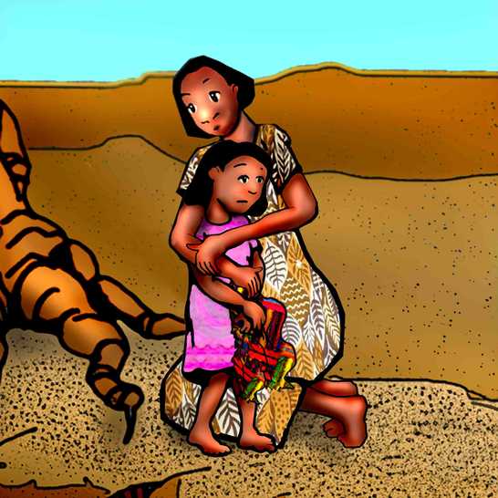 A woman kneeling hugging a little girl.