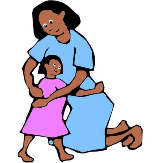 A woman kneeling hugging a girl.