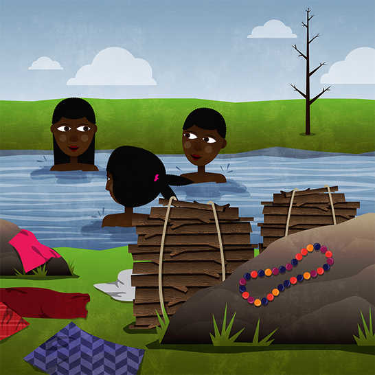 Three girls swimming in a river.