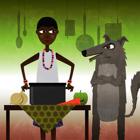 A girl cooking and a dog standing next to her with their arms folded.