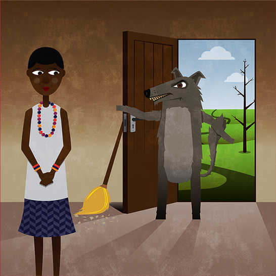 A dog standing next to an open door talking to a girl and pointing.