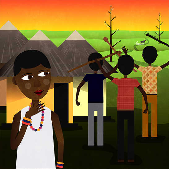 Three boys waving sticks and a girl standing behind them.