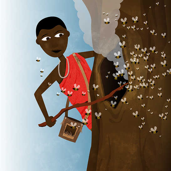 A man pushing a stick into a hollow of a tree and bees flying out.