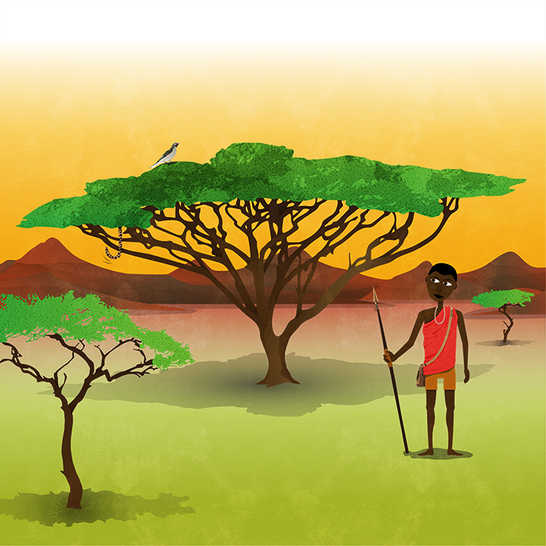 A man standing holding a spear and a bird sitting on a tree branch.