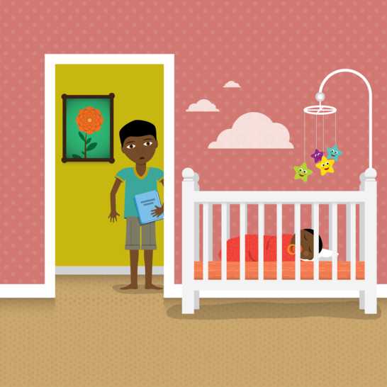 A boy holding a book standing in the doorway of a bedroom.