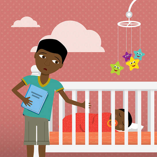 A boy holding a book looking at a baby sleeping in a cot.