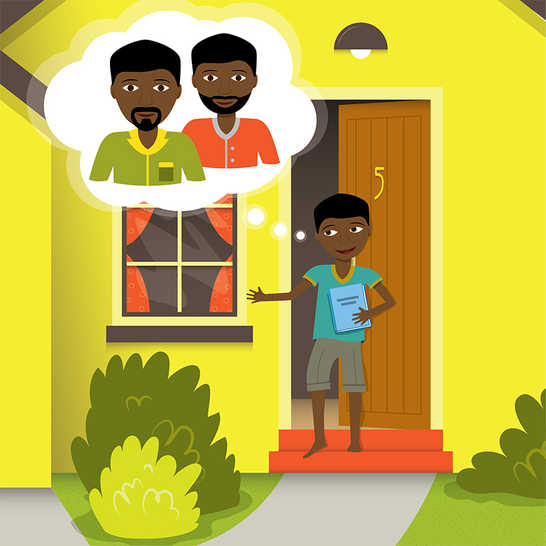 A boy holding a book thinking about two men.