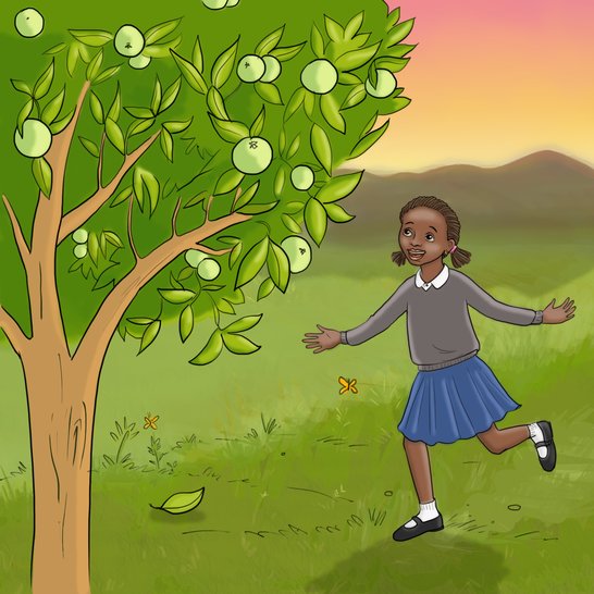 A girl next to an orange tree.