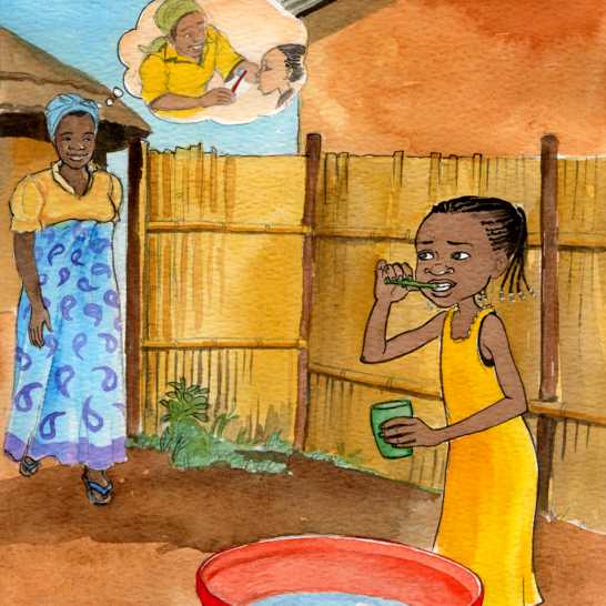 A woman thinking about brushing teeth and a girl brushing her teeth.