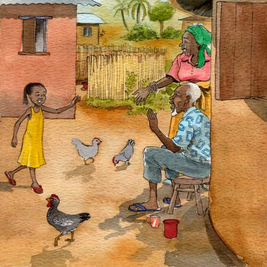 A girl waving at a man and woman.