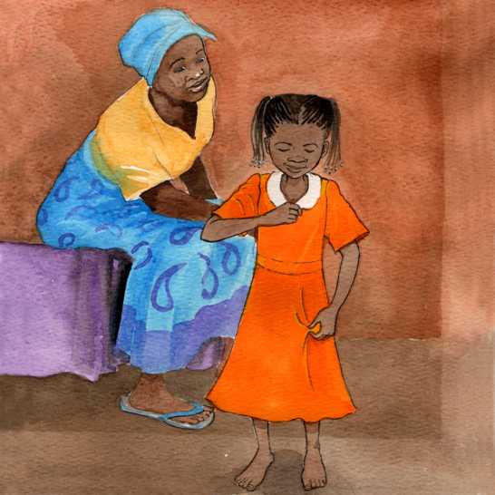 A girl dressing herself and a woman sitting.