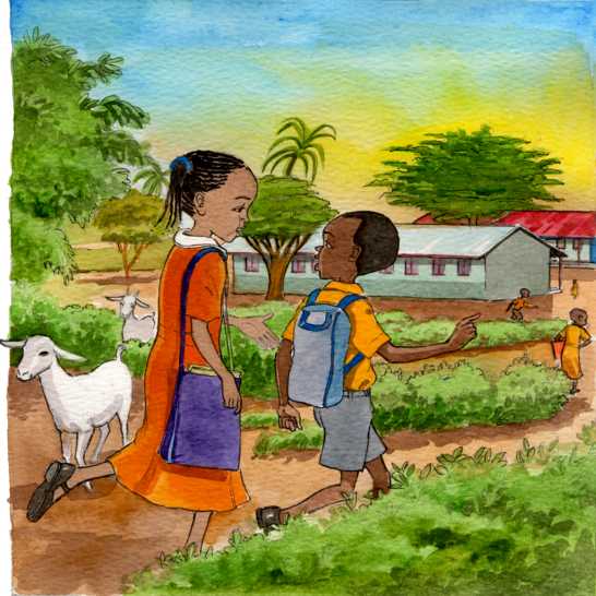 A girl holding a bag walking and chatting to a boy with a backpack.