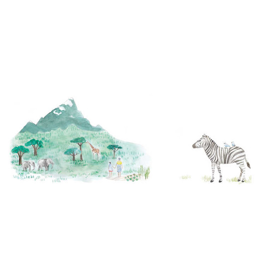 A girl and a woman in a field and a zebra and a giraffe nearby.