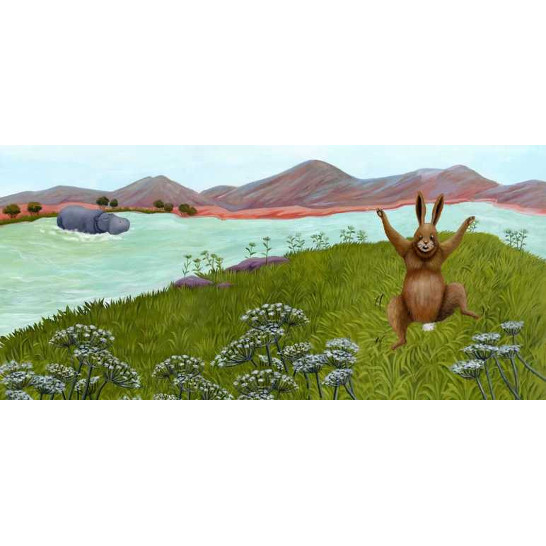 A rabbit jumping by the riverside.