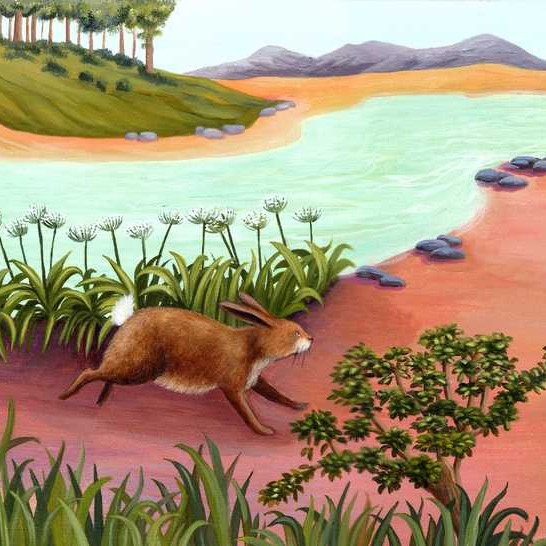 A rabbit walking by a riverside.