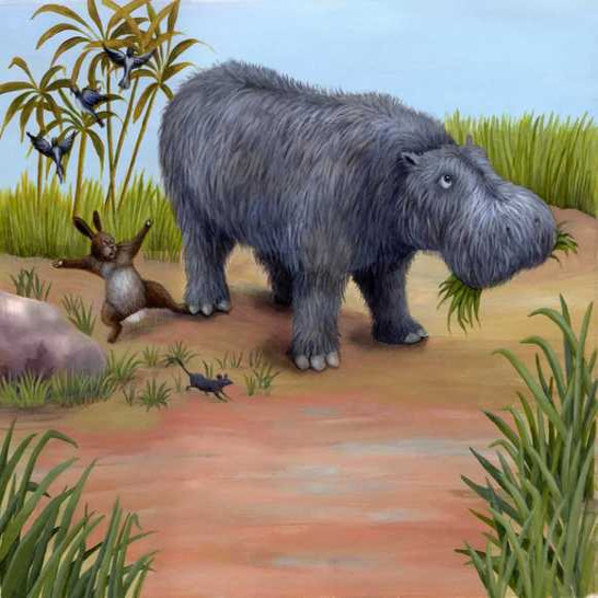 A hippo stepping on a rabbit's foot.