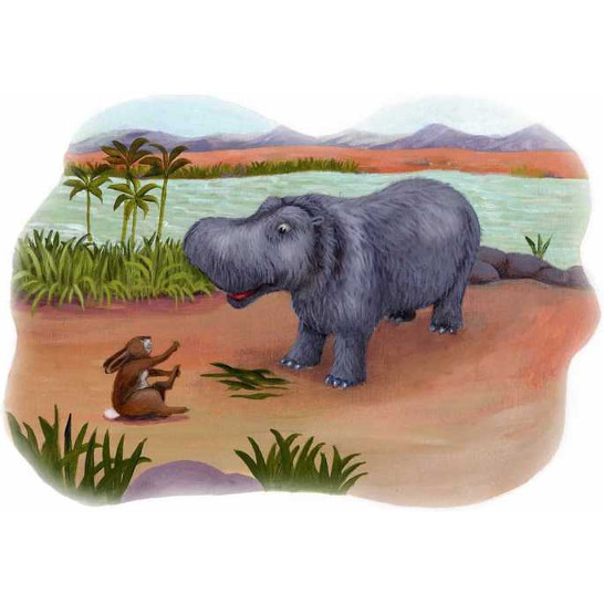 A rabbit holding its injured foot looking up at a hippo.