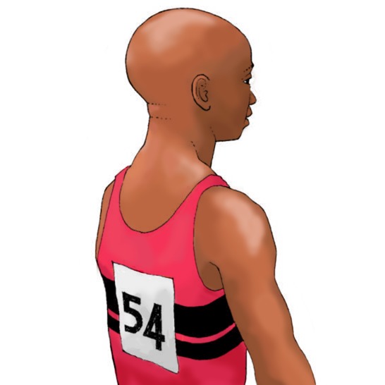 A man with a shaved head.