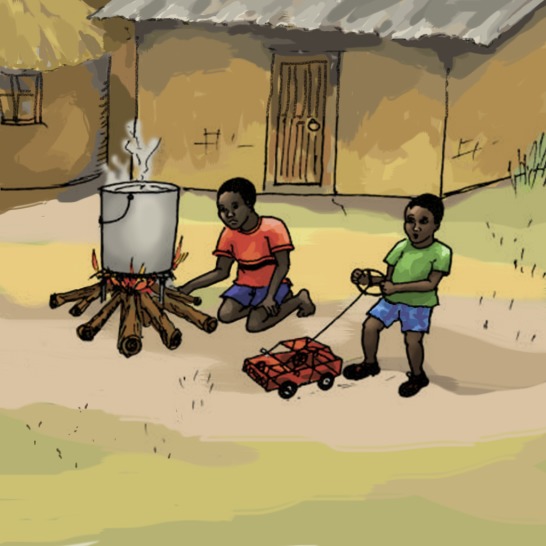 A boy sitting in front of a pot of water boiling on a campfire and a boy playing with a toy car.