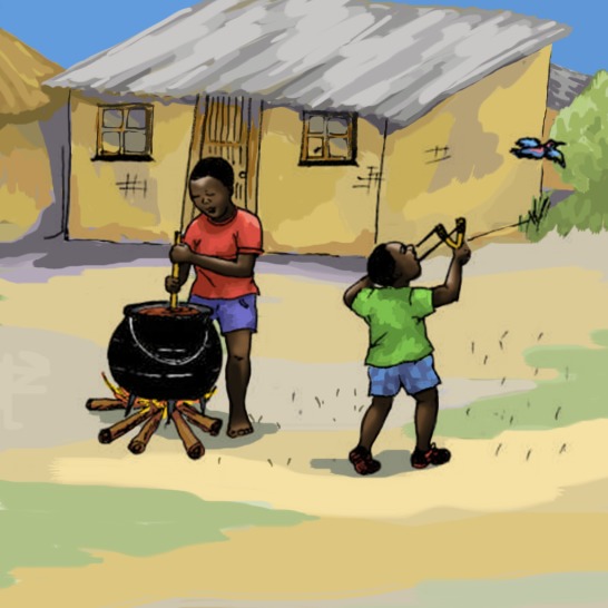 A boy stirring a pot on a campfire and a boy shooting a bird with a slingshot.