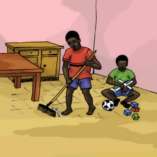 A boy sweeping the floor and a boy playing with some toys.