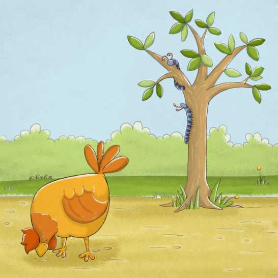 Two millipedes hiding up a tree and a chicken nearby.